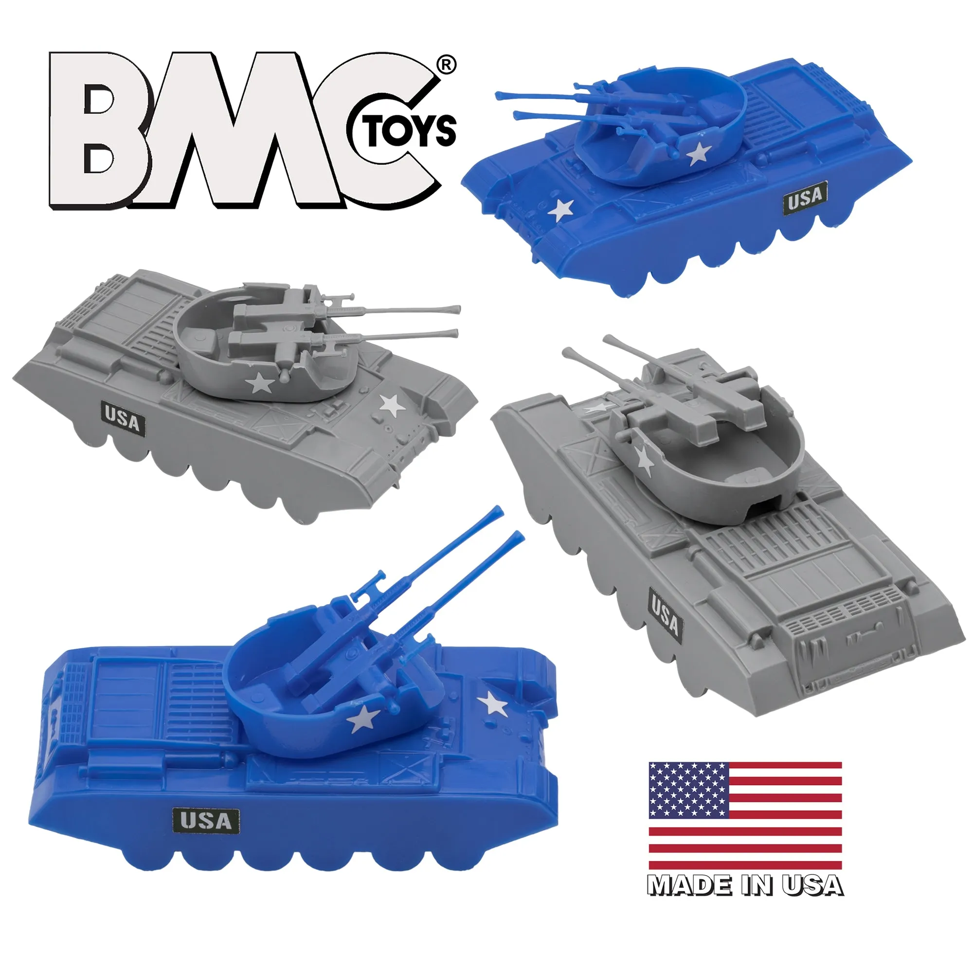 BMC Classic Payton Anti-Aircraft Tanks 4pc Blue & Gray Plastic Army Men Vehicles