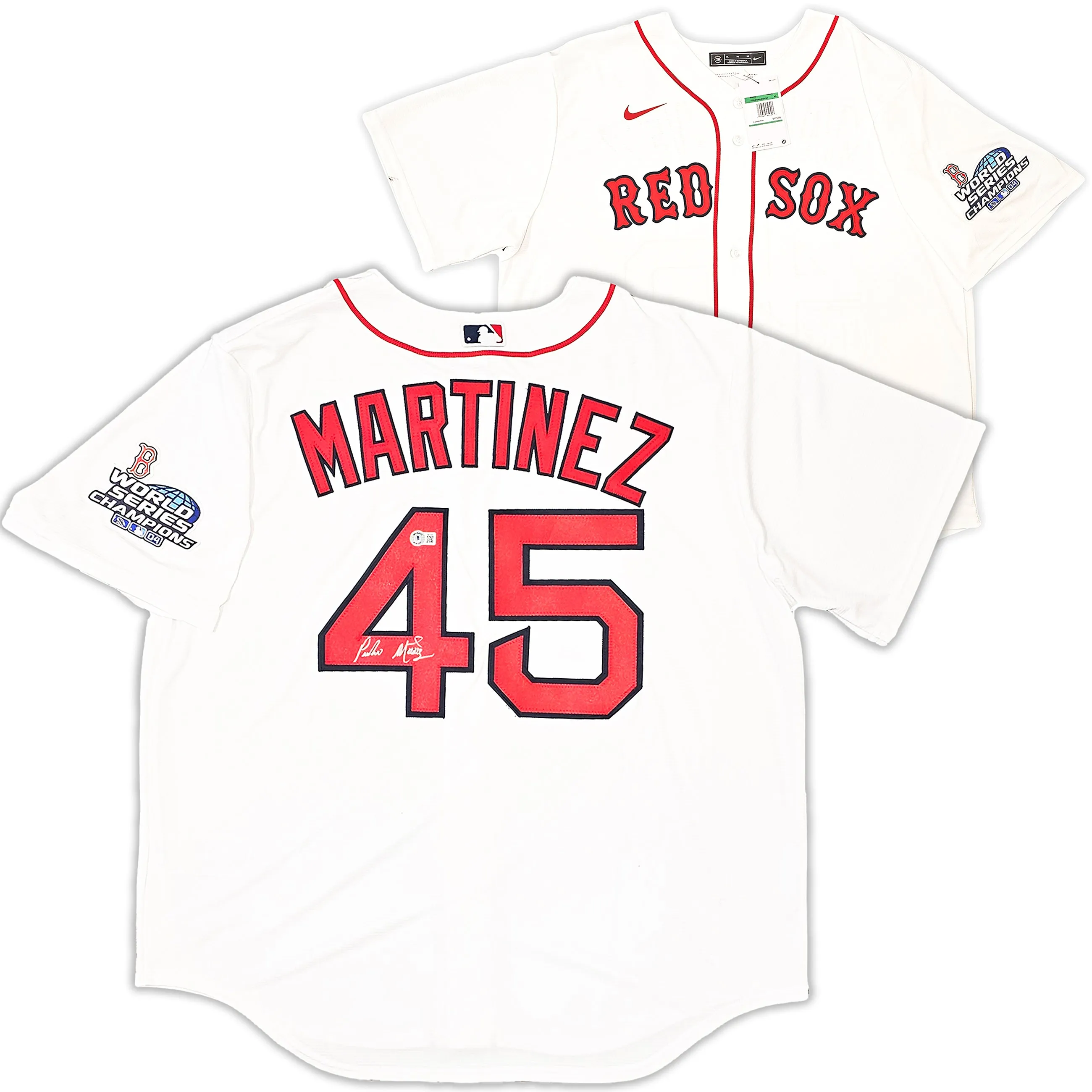 Boston Red Sox Pedro Martinez Autographed White Nike Jersey Size XL 2004 WS Patch Beckett BAS Witness Stock #216947