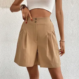 Casual Sport High Waist Pocket Summer Khaki Loose A-Line Wide Leg Shorts