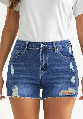 Classic Blue Women's High Waisted Distressed Denim Jeans Shorts Ripped Raw Hem Jean Shorts