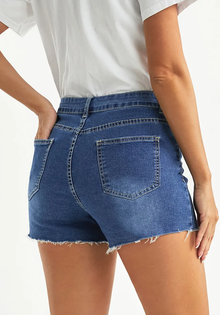 Classic Blue Women's High Waisted Distressed Denim Jeans Shorts Ripped Raw Hem Jean Shorts