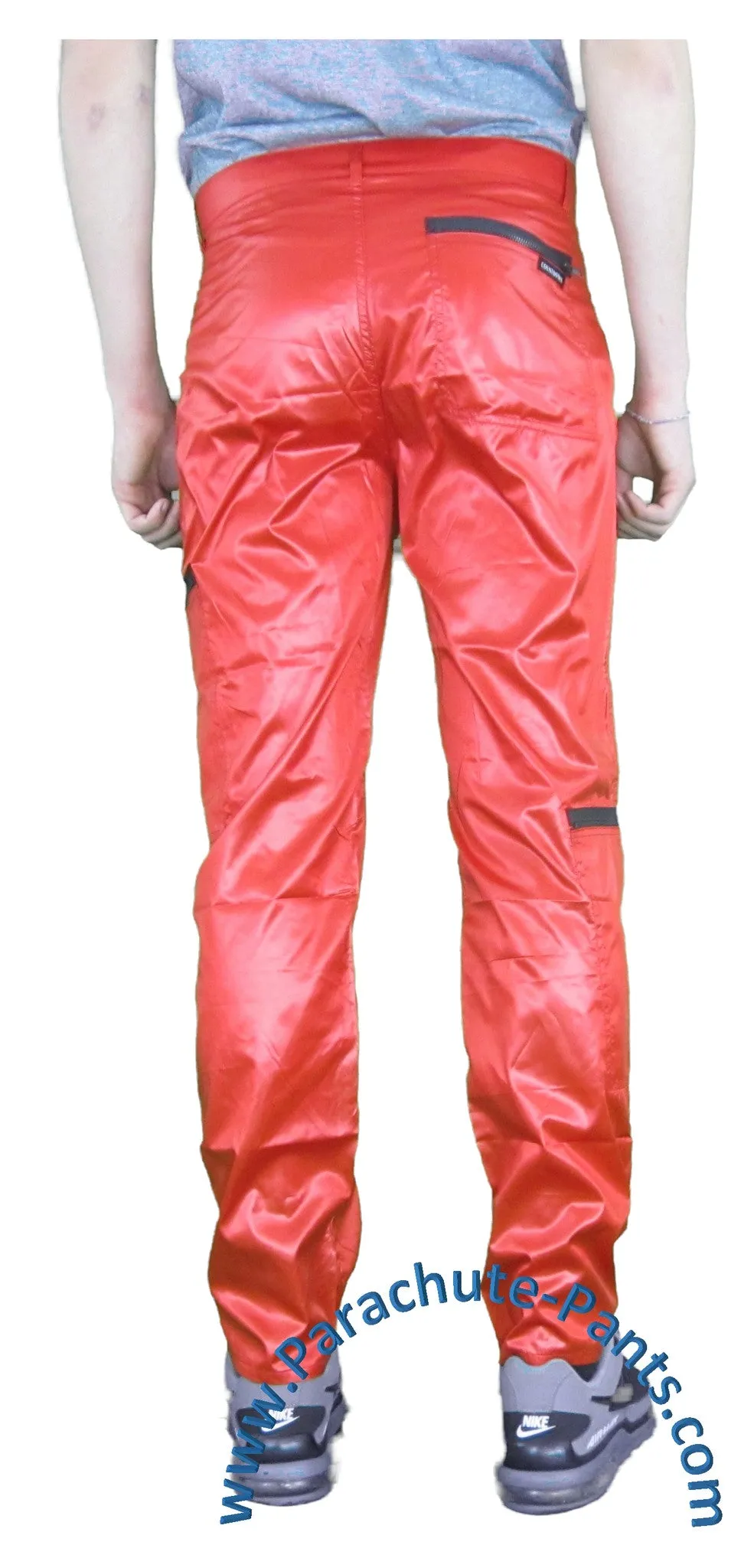 Countdown Red Shiny Nylon Parachute Pants with Black Zippers