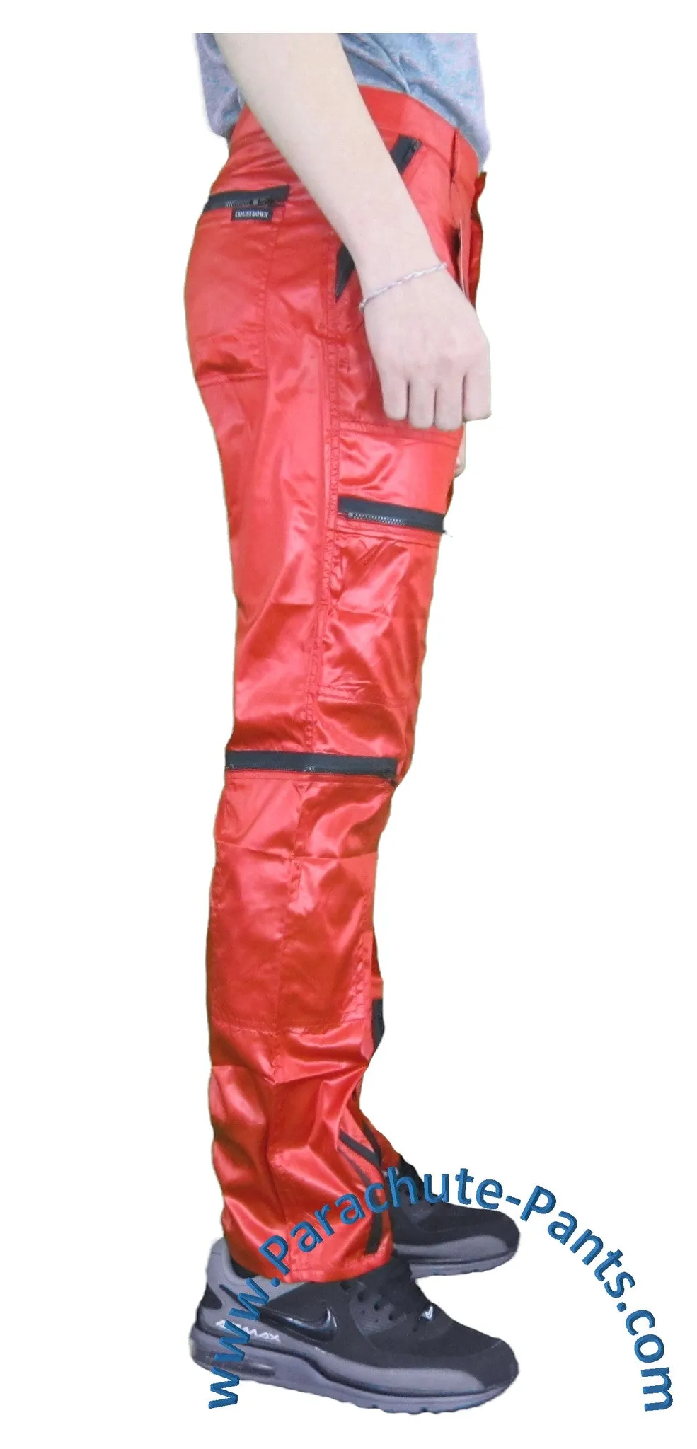 Countdown Red Shiny Nylon Parachute Pants with Black Zippers