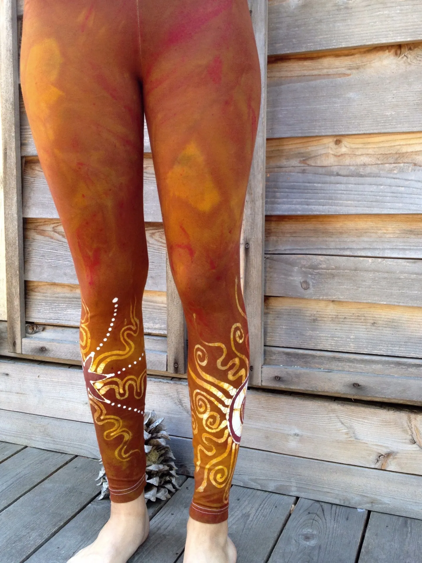 Gold Sun and Stars Batik Leggings -  Om Symbol