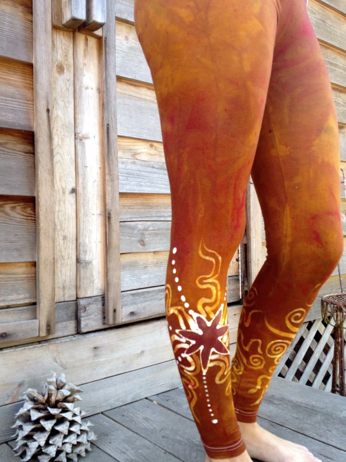 Gold Sun and Stars Batik Leggings -  Om Symbol