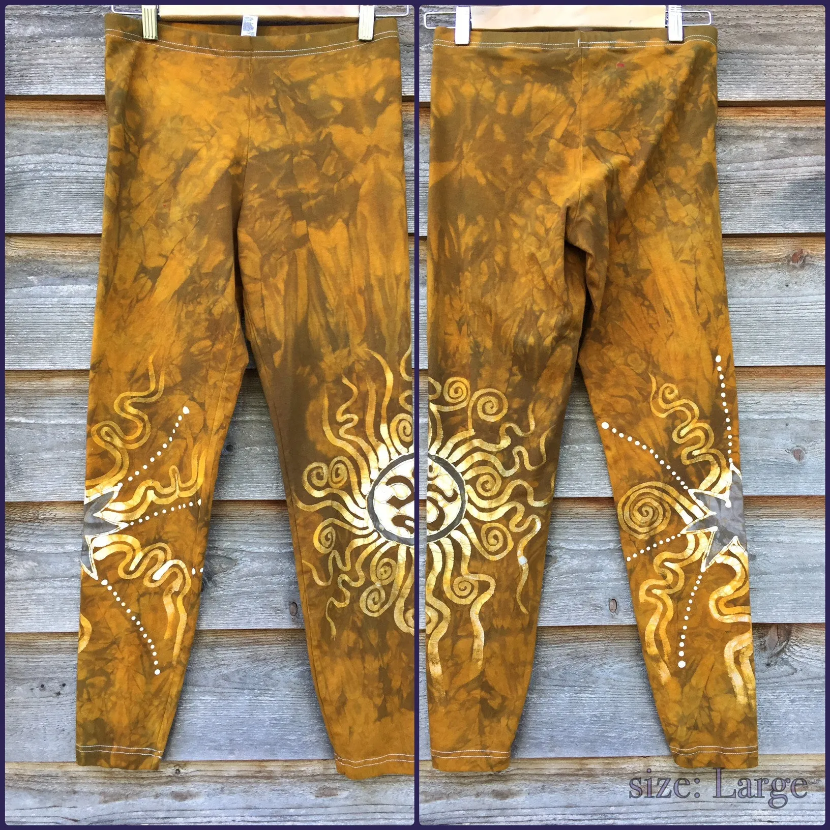 Gold Sun and Stars Batik Leggings -  Om Symbol