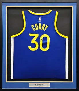 Golden State Warriors Stephen Curry Autographed Framed Blue Nike Icon Edition Jersey Beckett BAS QR Stock #220553