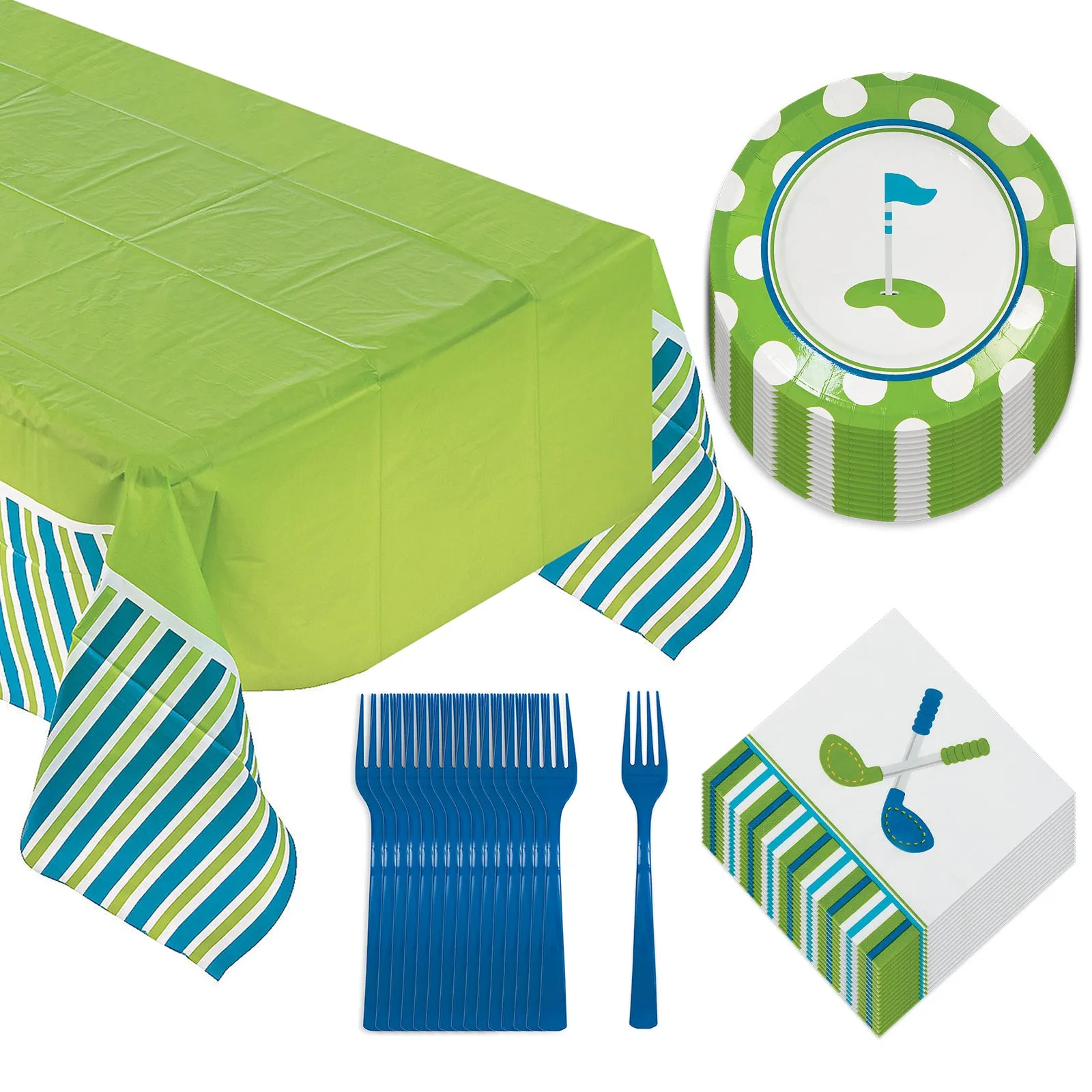 Golf Par-Tee Pack - Paper Dessert Plates, Lunch Napkins, Forks, and Table Covers (Serves 16)