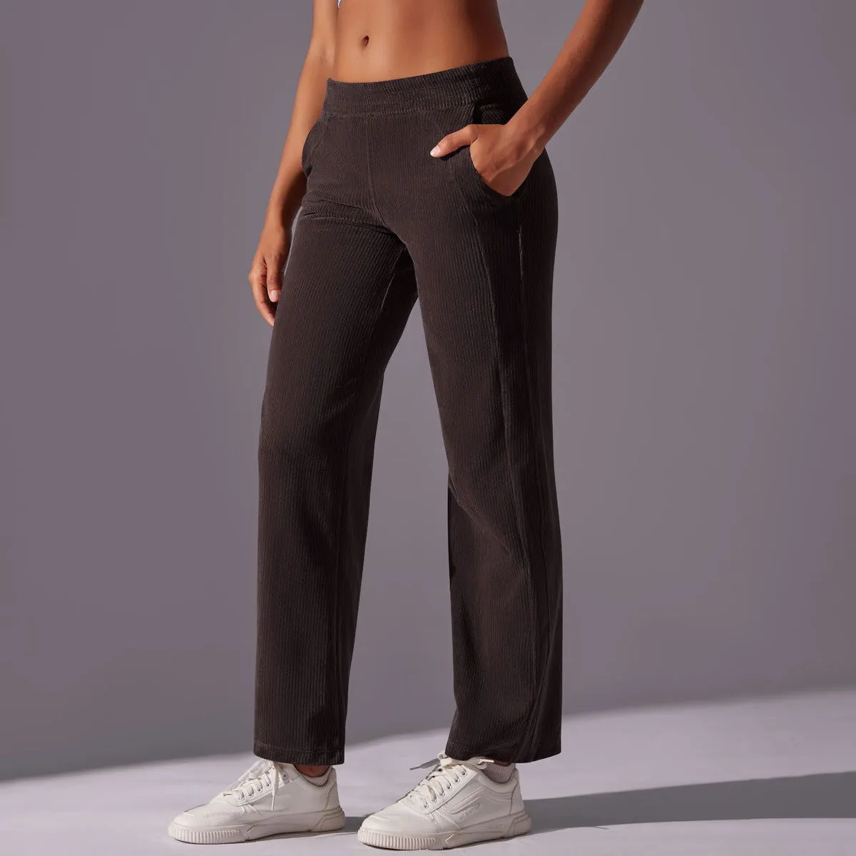 Internet Celebrity Loose Casual Corduroy Sports Pants Side Pocket Striped Drape Breathable Running Fitness Pants Women