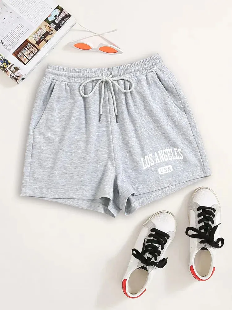 Letter Print Drawstring Shorts Slant Pockets Women's Clothing Shorts