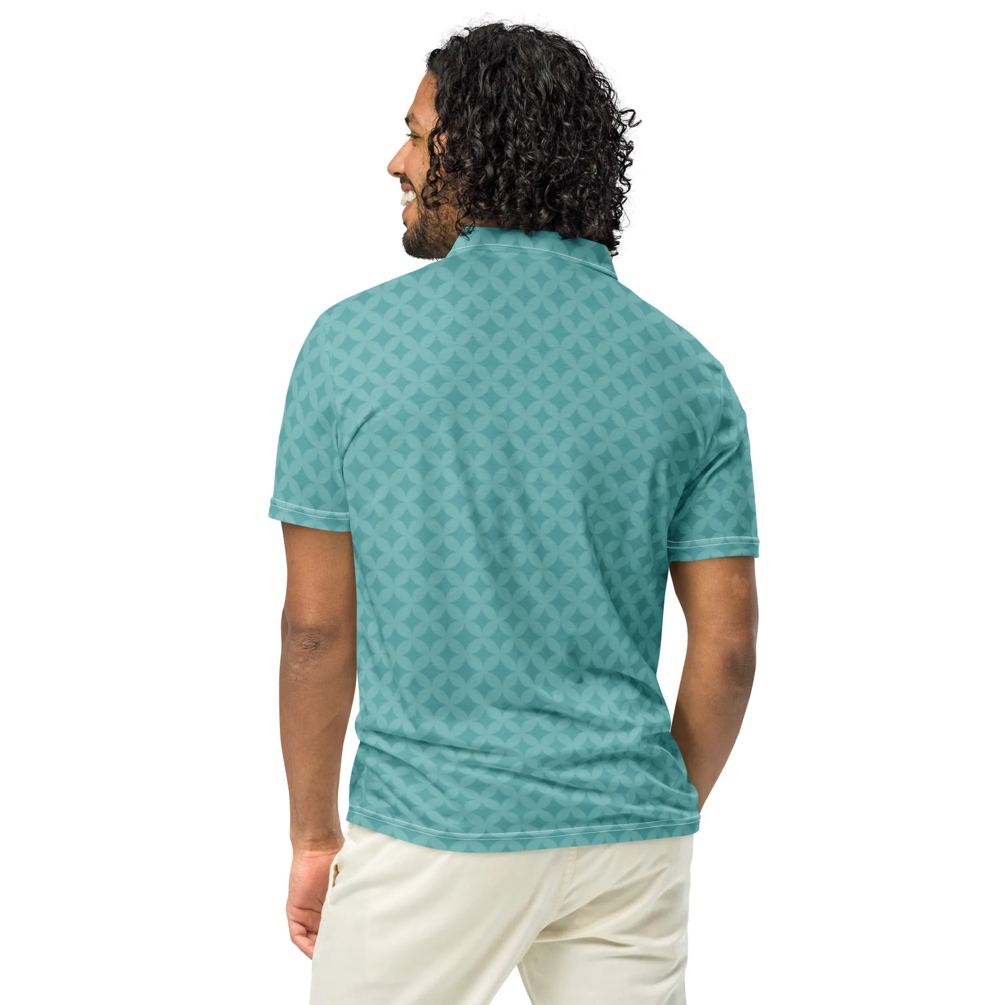 Men’s Slim Fit Polo Shirt Teal Diamond Design, lioness-love