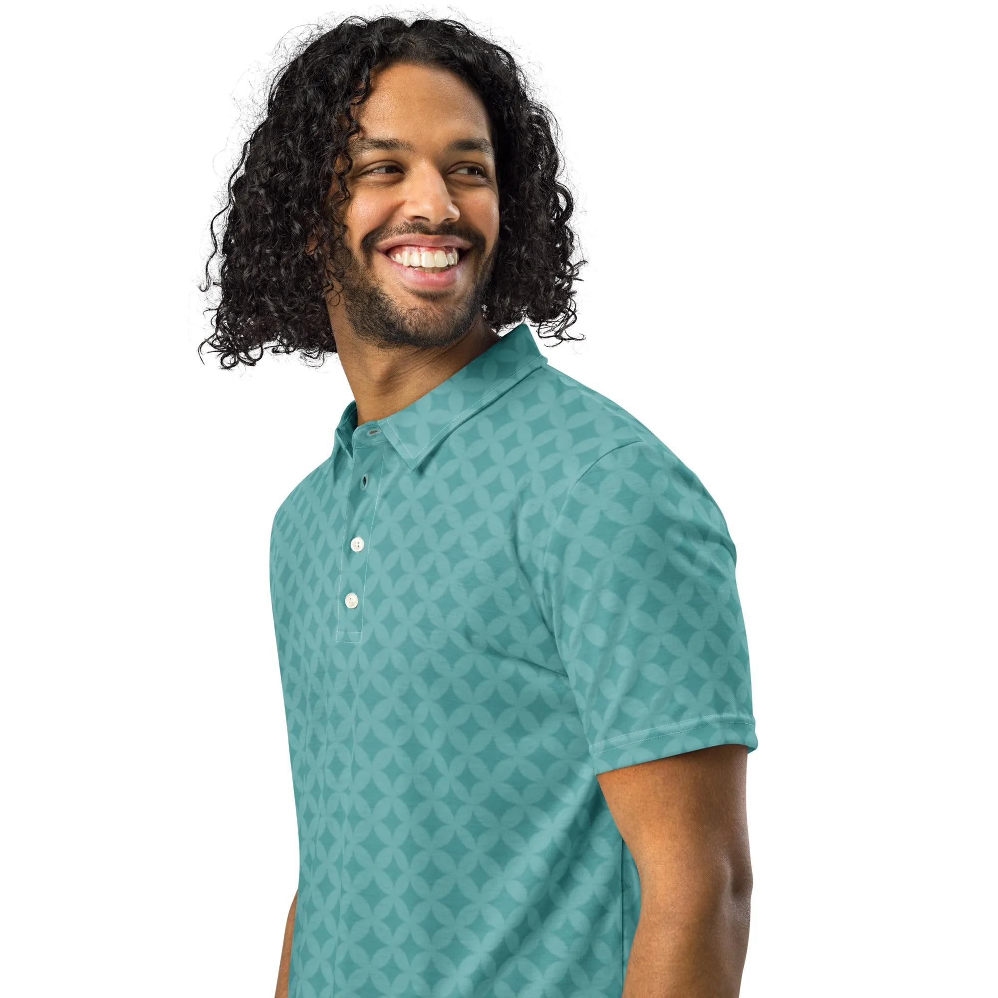 Men’s Slim Fit Polo Shirt Teal Diamond Design, lioness-love