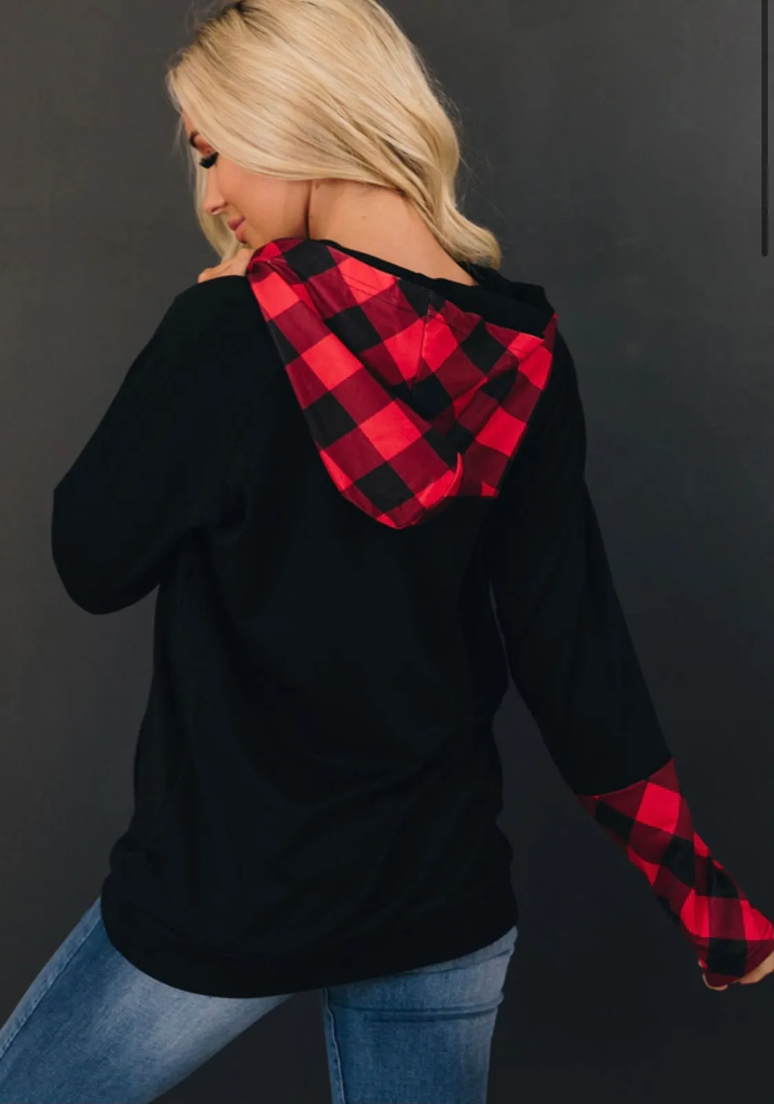 Plaid detail zipper hoodie