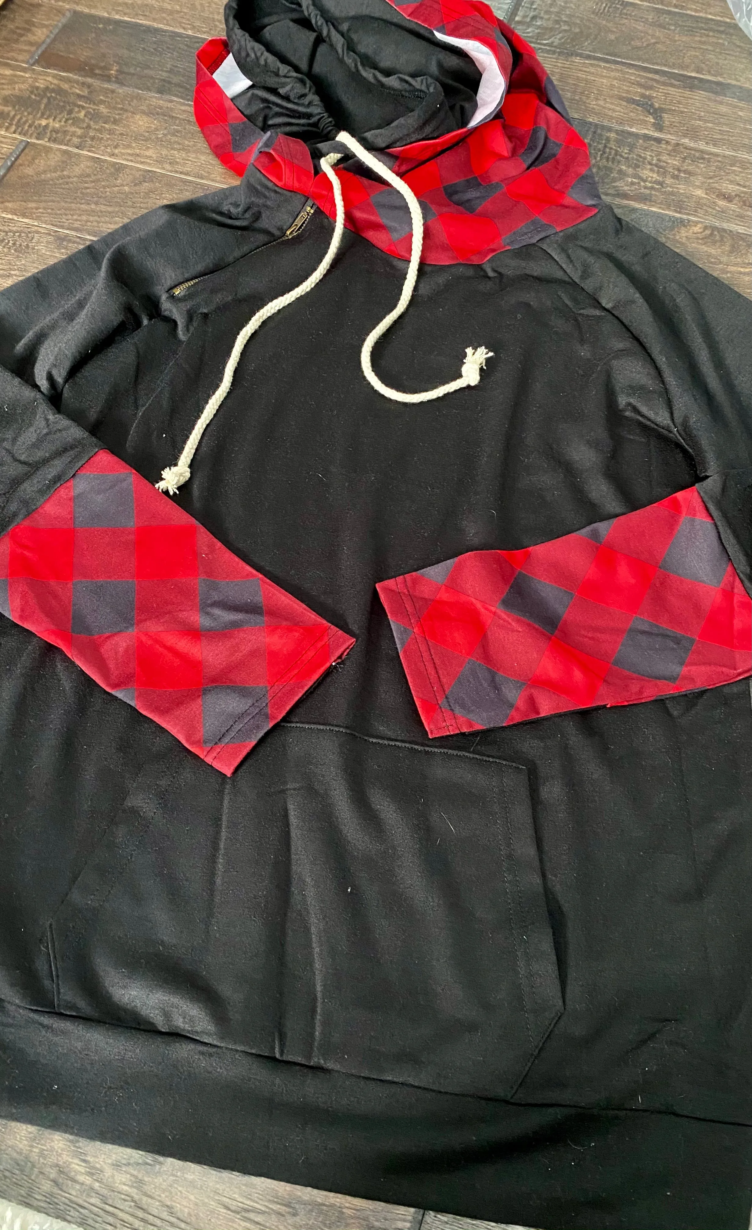 Plaid detail zipper hoodie