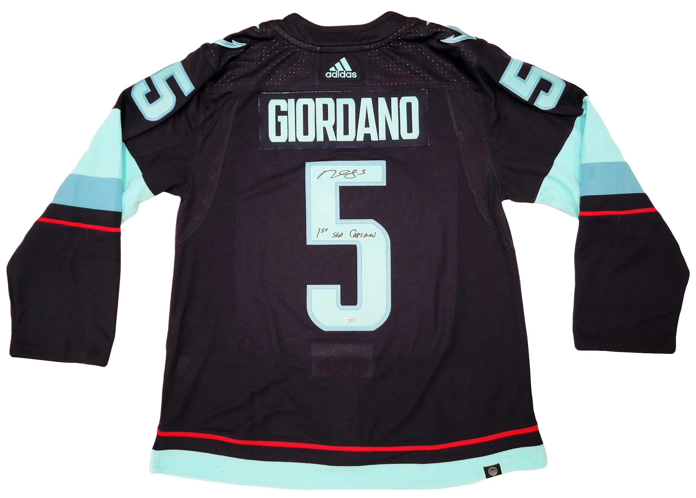 Seattle Kraken Mark Giordano Autographed Navy Adidas Authentic Jersey Size 54 Inaugural Season & Captain Patch "1st Sea Captain" Fanatics Holo Stock #202336