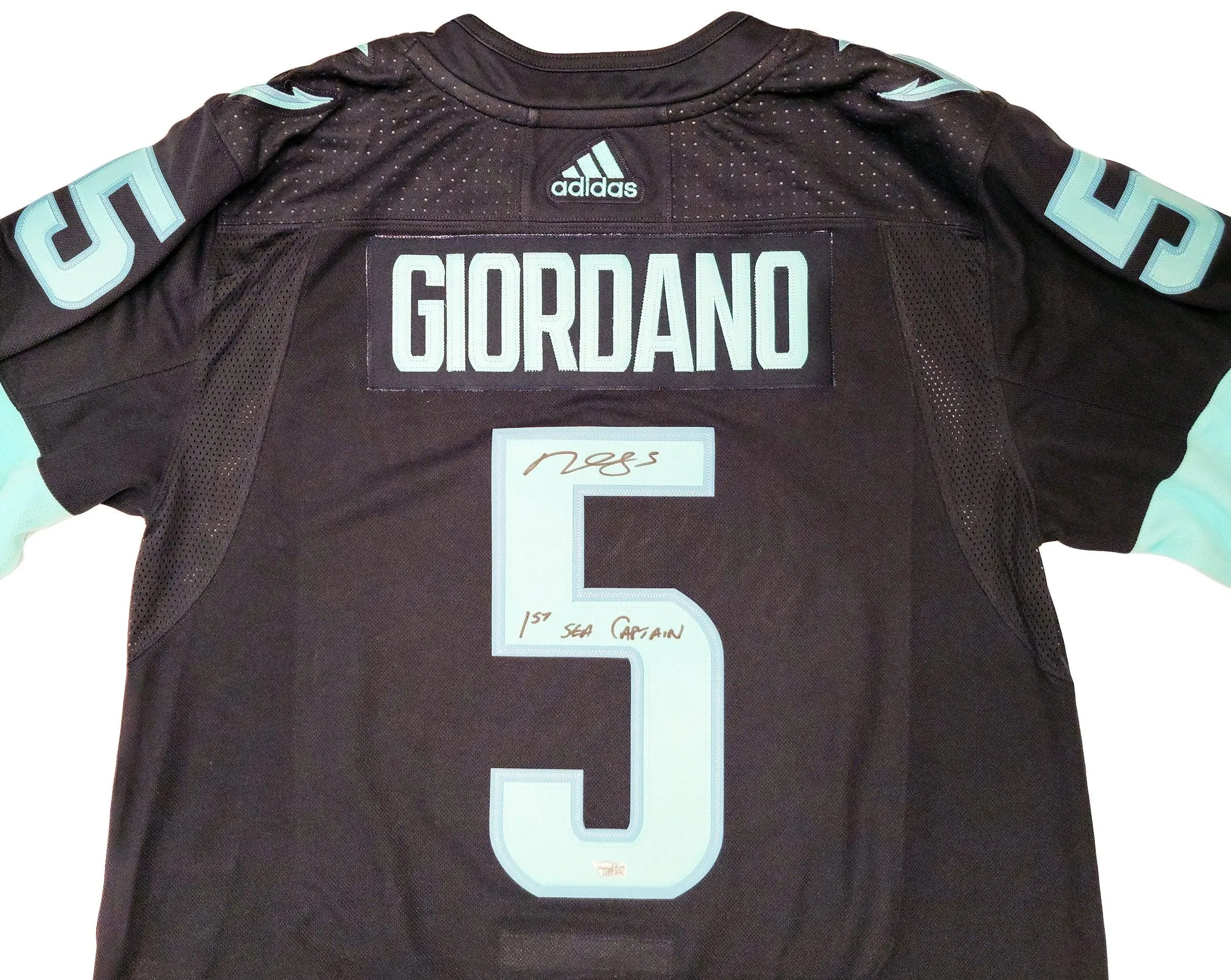 Seattle Kraken Mark Giordano Autographed Navy Adidas Authentic Jersey Size 54 Inaugural Season & Captain Patch "1st Sea Captain" Fanatics Holo Stock #202336