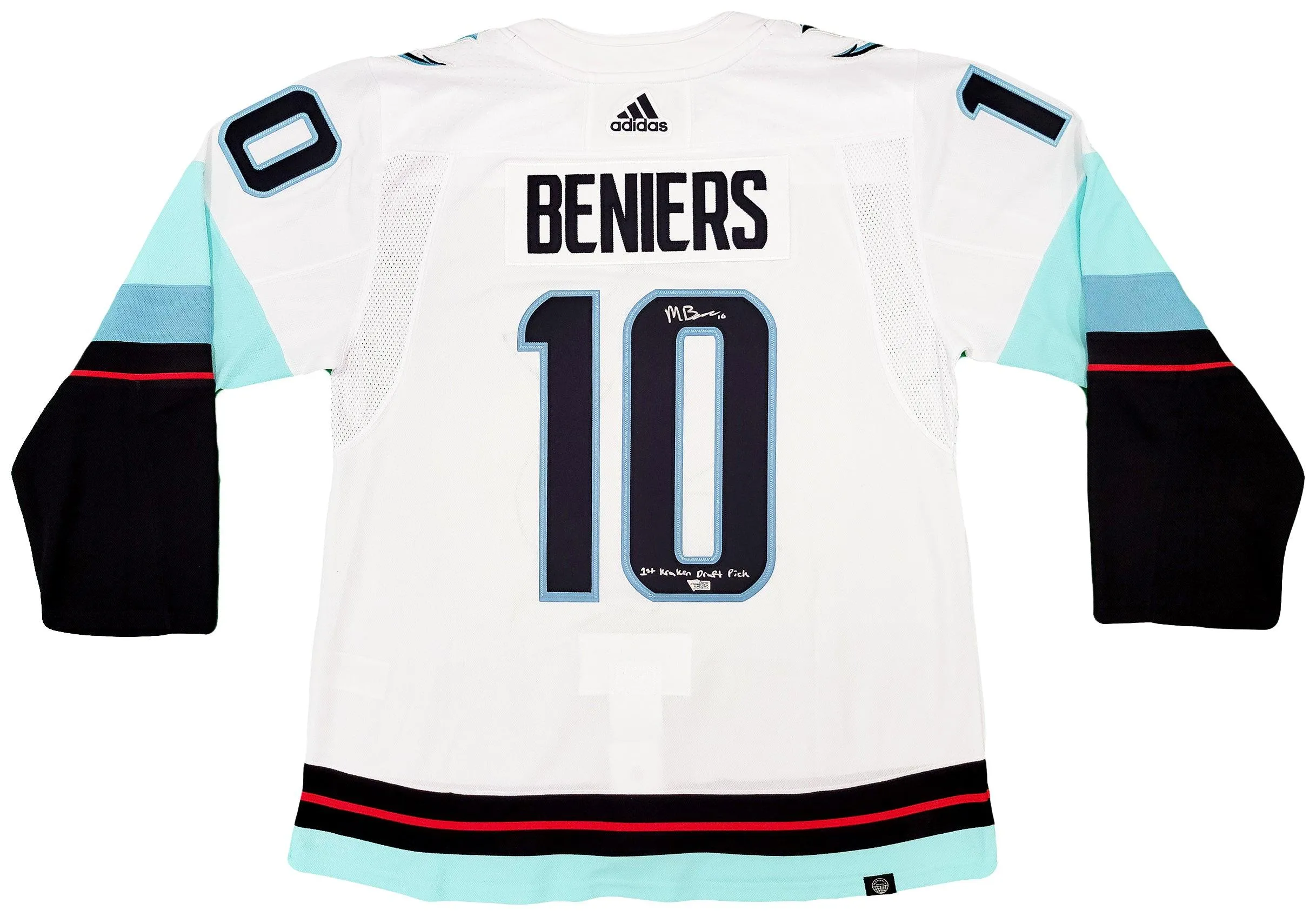 Seattle Kraken Matty Beniers Autographed White Adidas Authentic Jersey Size 54 With Inaugural Patch "1st Kraken Draft Pick" Fanatics Holo Stock #206010