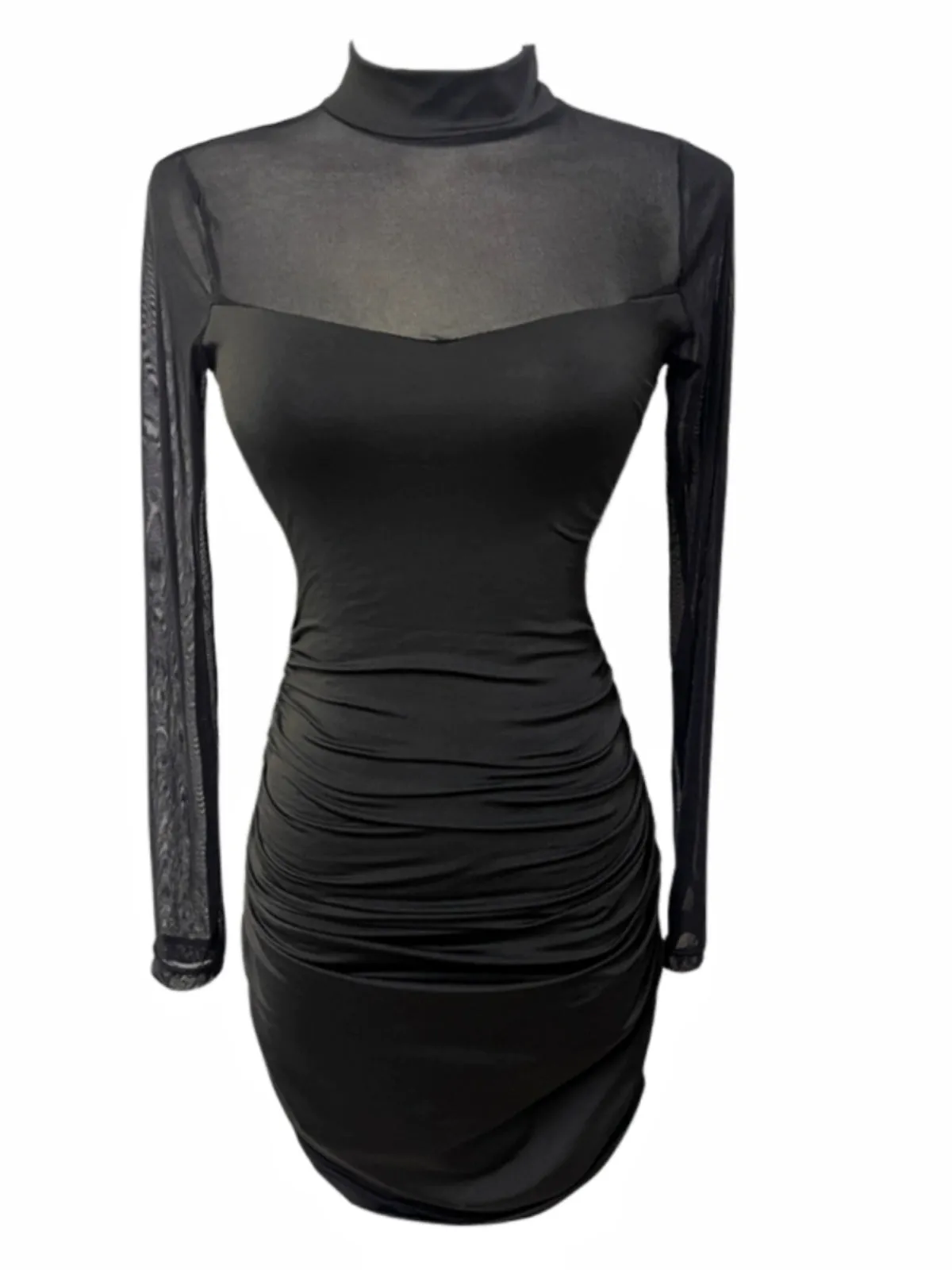 Women's Elegant Black Mesh-Stitched Long Sleeve Sheath Dress - Slim Fit, New Autumn Arrival